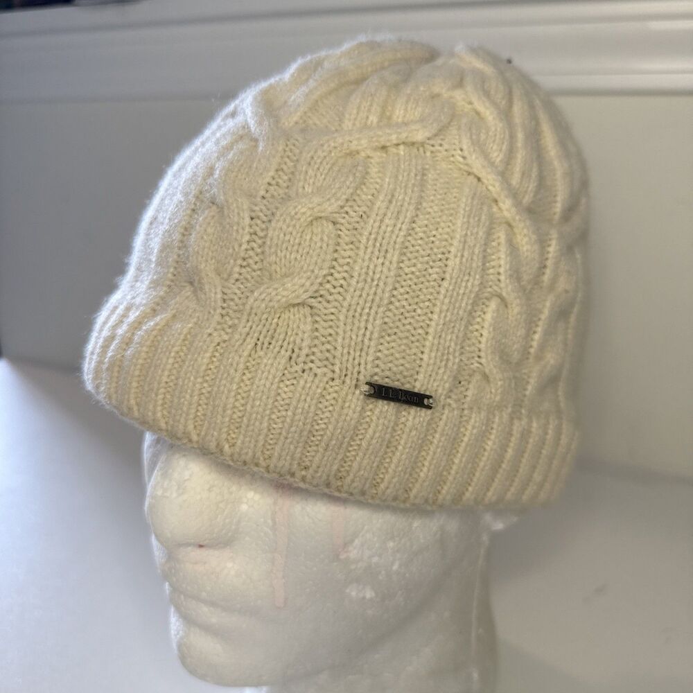 LL Bean Womens Lambswool Cable Knit Goretex Beanie Cream Ivory Warm Winter Wool